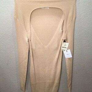 Beige Ribbed Knit Sweater Dress